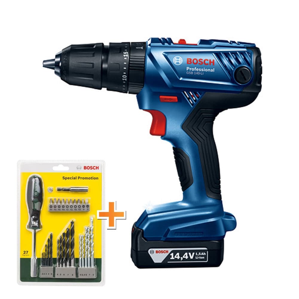 Акумулаторен ударен винтоверт BOSCH Professional GSB 140-LI с подарък комплект консумативи Bosch  27 части