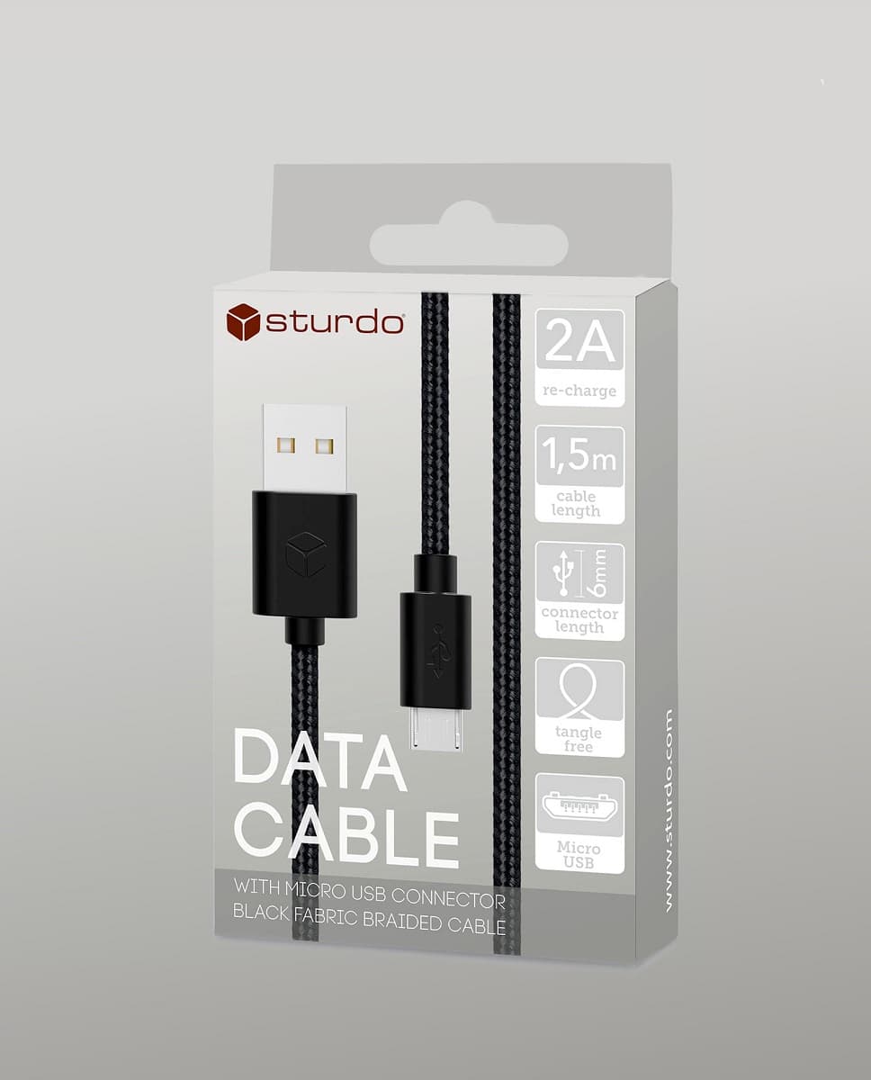 Текстилен кабел за данни Sturdo micro USB / 2A / 1.5m / черен