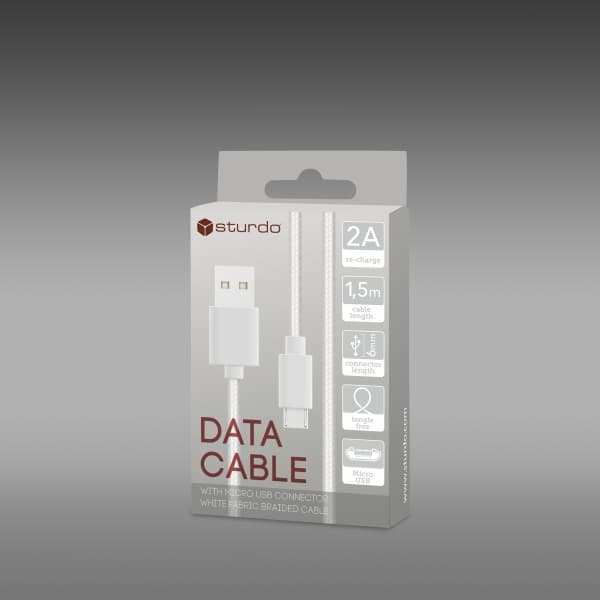Текстилен кабел за данни Sturdo micro USB / 2A / 1.5m / бял