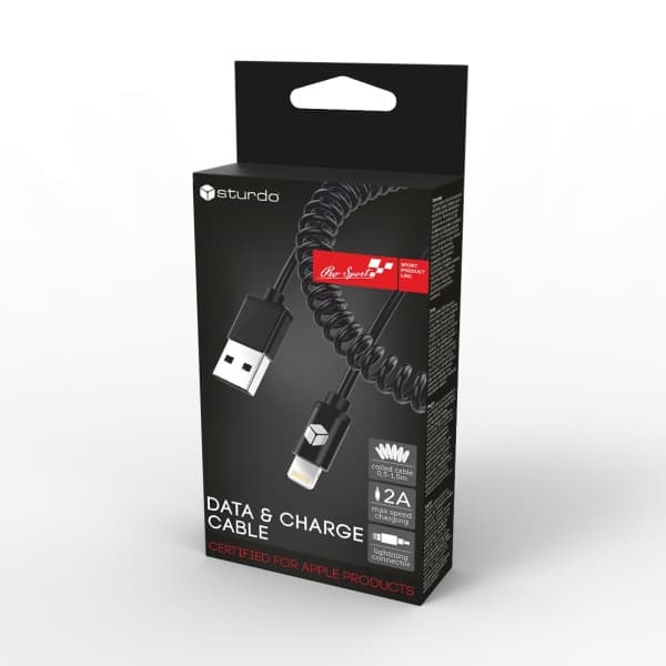 Спираловиден кабел за данни Sturdo MFI Lightning / Apple certified / 2A / 1.5m / черен