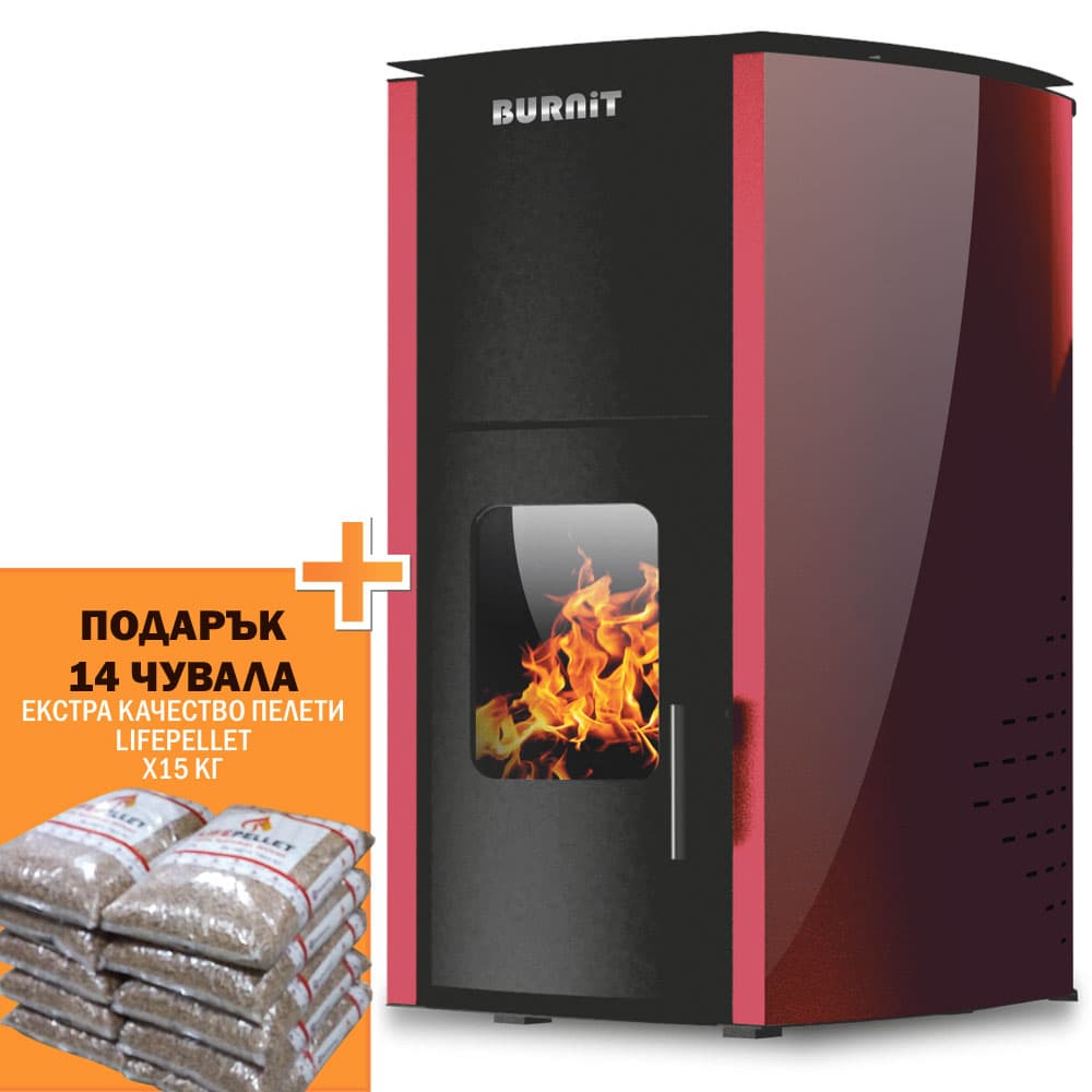 Пелетна камина Burnit Comfort 18 с водна риза / бордо + 14 чувала пелети