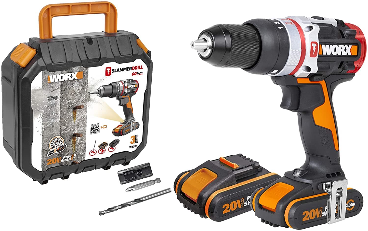 Акумулаторна ударна безчеткова бормашина Worx Slammer WX354 20V 2X2Ah 60Nm