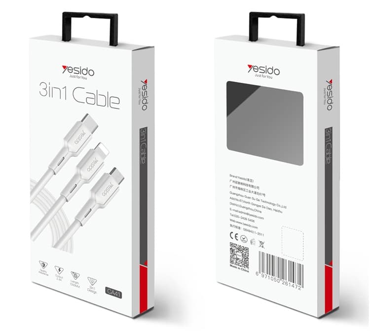Кабел 3 в 1 iPhone/Micro USB/USB-C Yesido CA-41 1м 2.4A