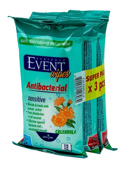 Влажни антибактериални кърпи Event Невен 3x15 броя