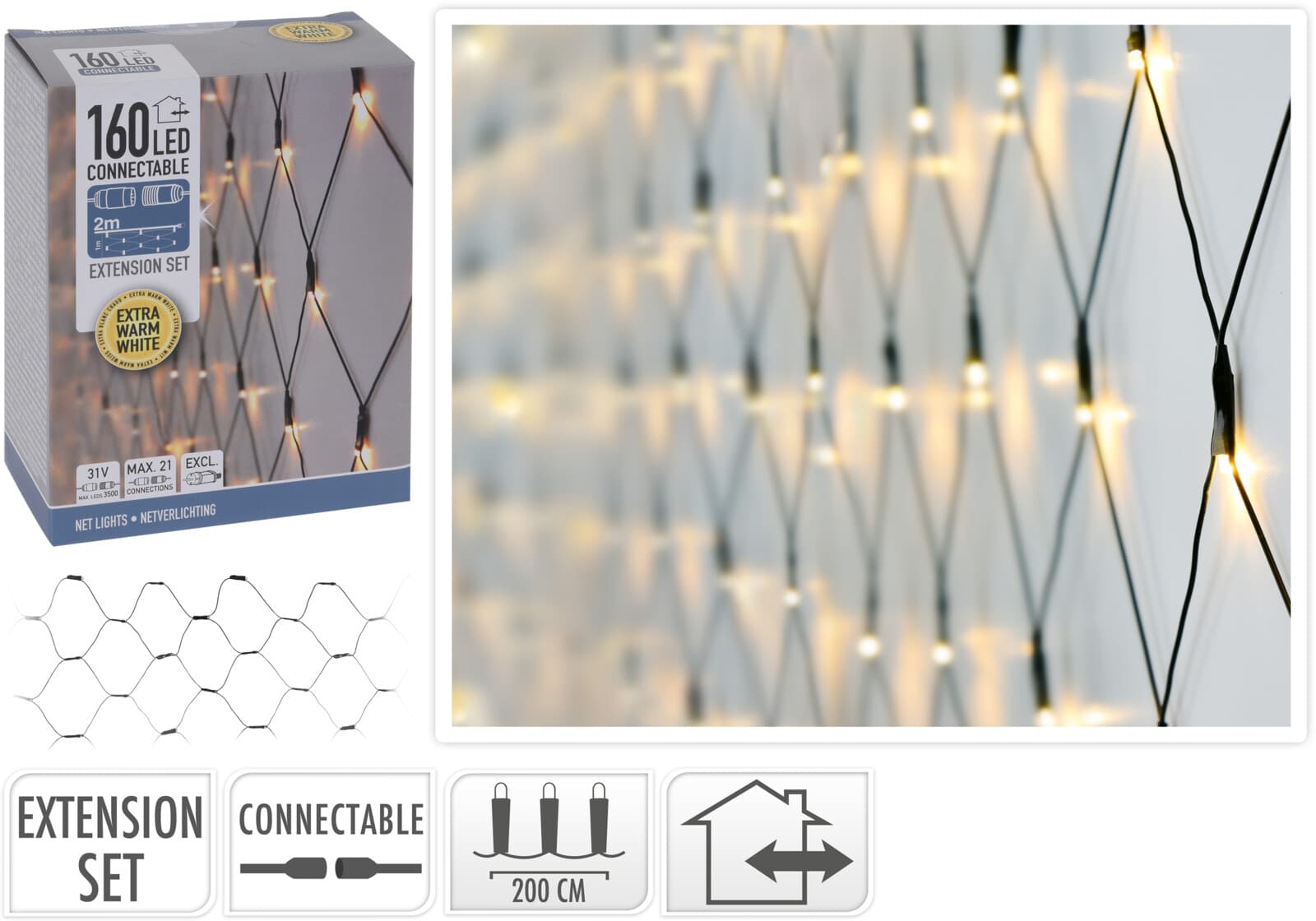 Коледни лампички мрежа 160 LED екстра топла бяла светлина IP44 200см