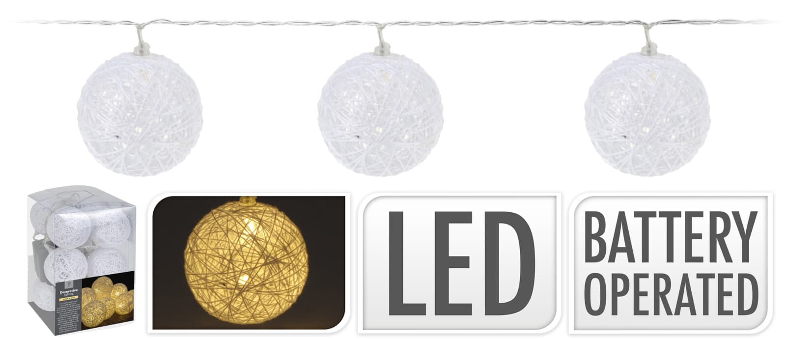 Коледни LED светещи топки бели 6см 10 броя 