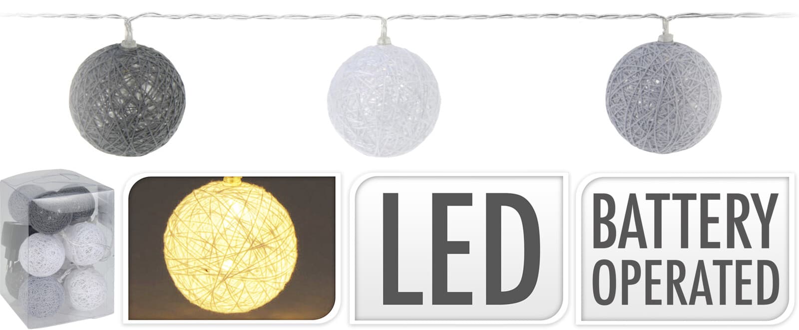 Коледни LED светещи топки сиви / бели 6см 10 броя 