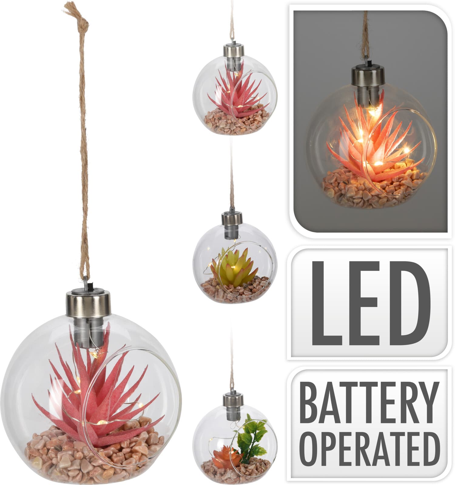 LED декорация изкуствено растение с камъчета в стъклена топка 10х11 см 