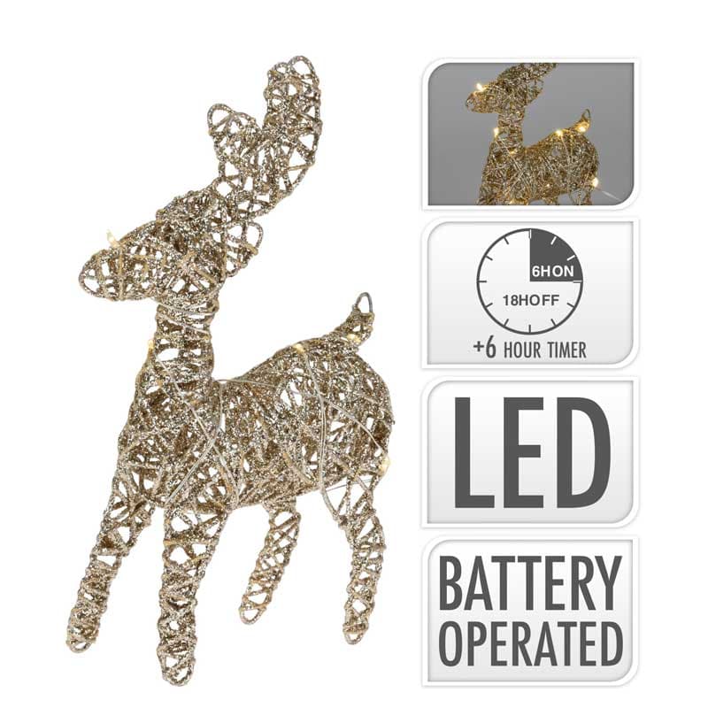 Коледен светещ елен 10 LED топла светлина 21см злато