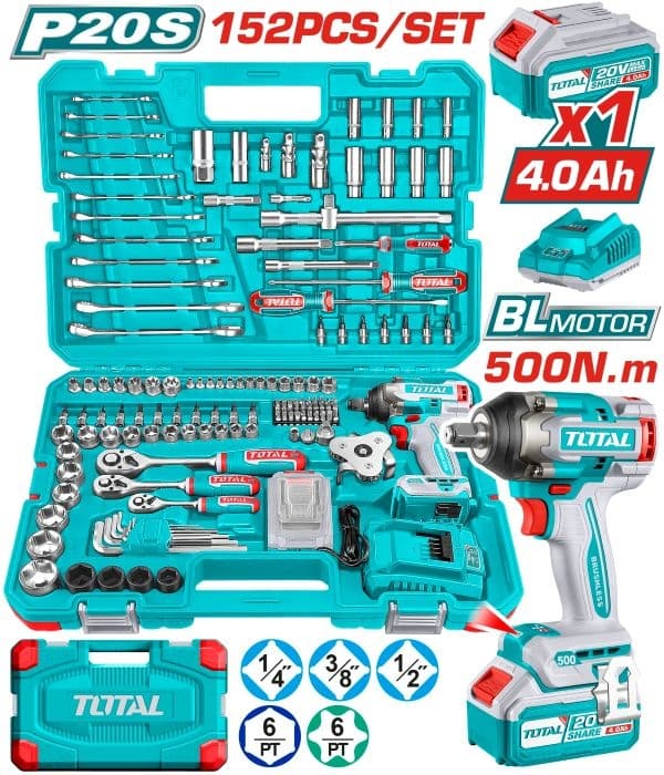 Акумулаторен ударен гайковерт Total Industrial 20V + батерия, зрядно и инструменти 