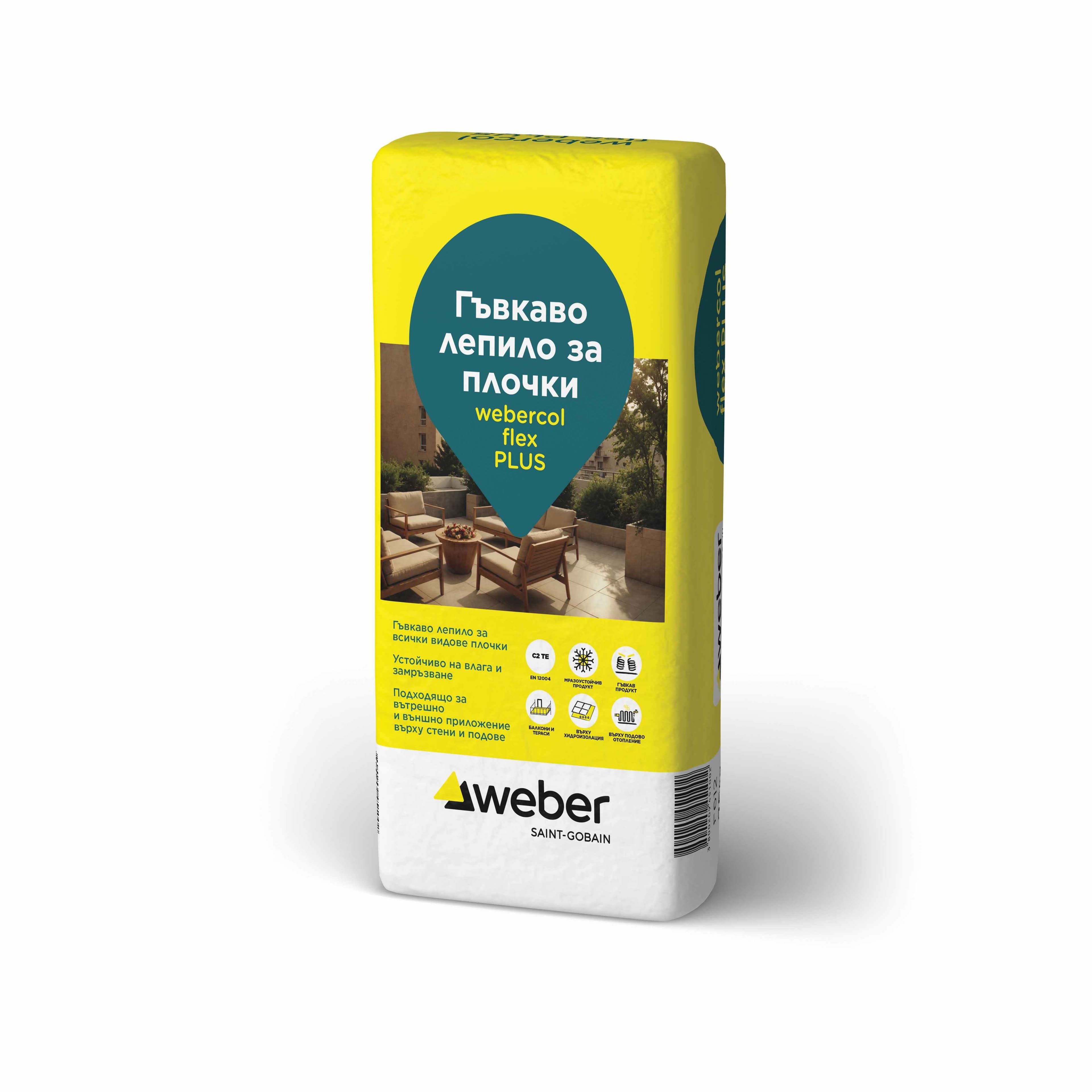 Лепило за плочки с повишена еластичност Webercol Flex Plus C2TE 25кг