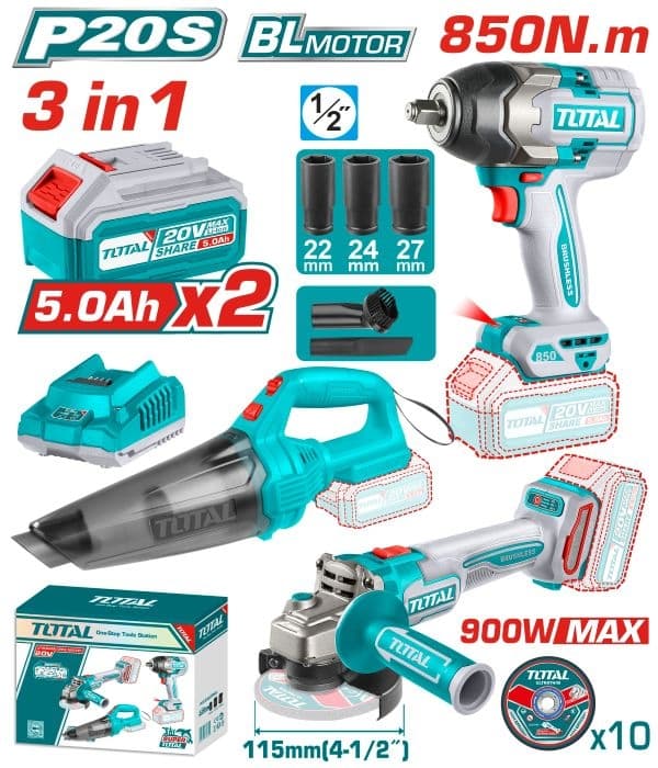 Комплект гайковерт, ъглошлайф и прахосмукачка Total Industrial 20V + 2 батерии и зарядно