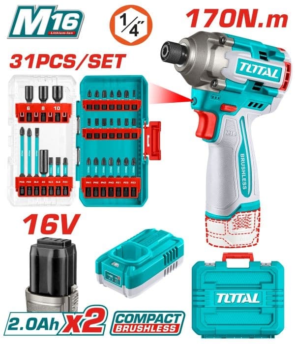 Акумулаторен ударен винтоверт Total Industrial 16V 170Nm с 2 батерии, зарядно и куфар