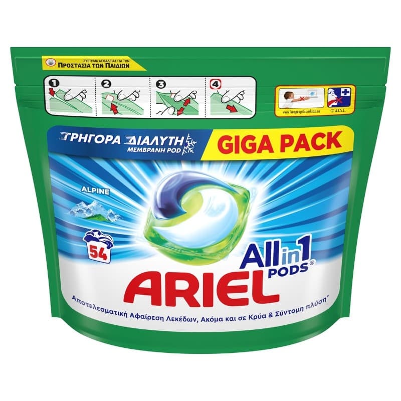 Капсули за пране за бели дрехи Ariel Alpine 54 броя