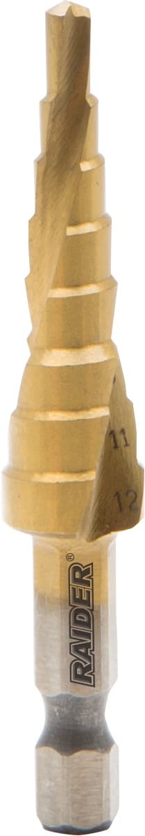 Стъпаловидно свредло за ламарина Raider HEX 1/4" HSS+TIN spiral flute ø4-12мм