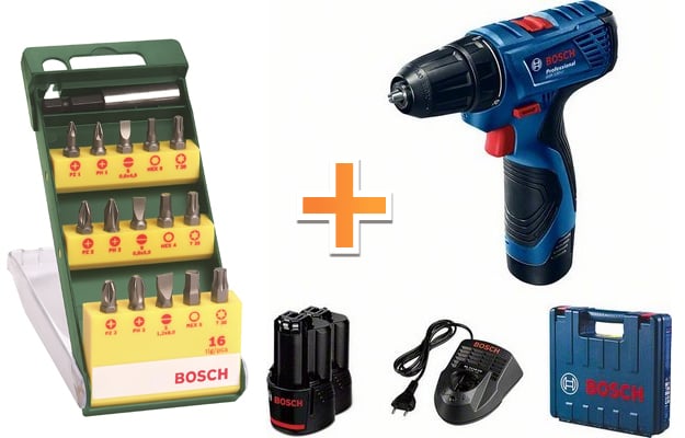 Акумулаторен винтоверт Bosch GSR 120-LI 12V + комплект битове Bosch 16 части + куфар