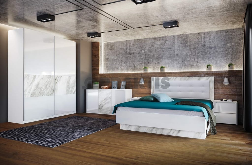 Спален комплект Бугати Бяло гладко / Бяло гланц хайглос / Бял мрамор