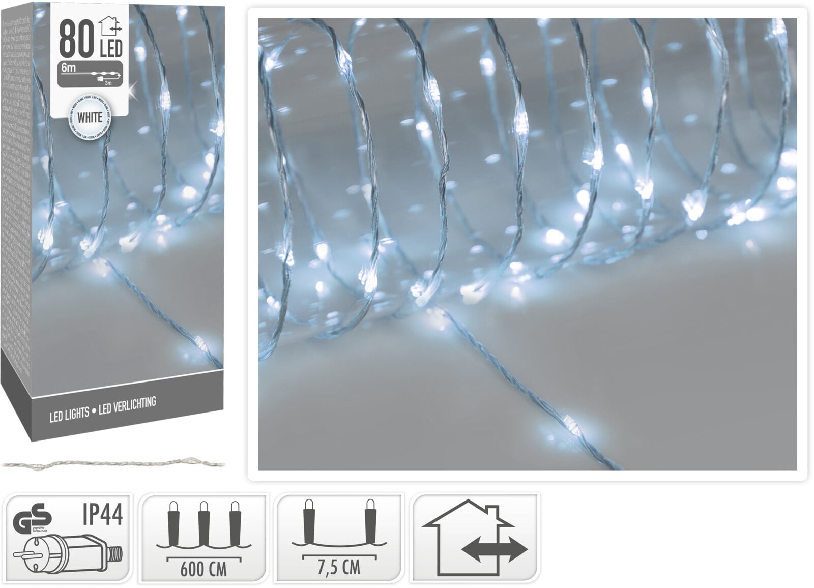 Коледни лампички 80 LED бяла светлина IP44 600см
