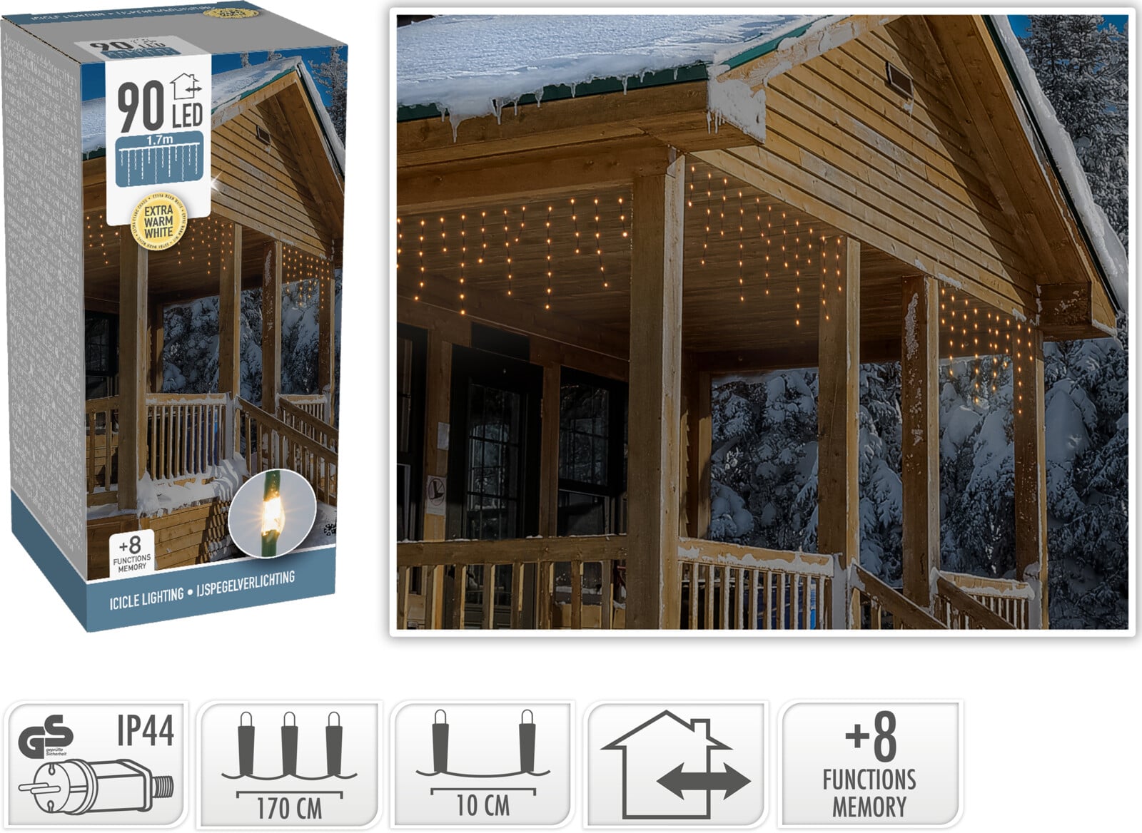 Коледни ледени висулки 90 LED топла бяла светлина IP44 170см