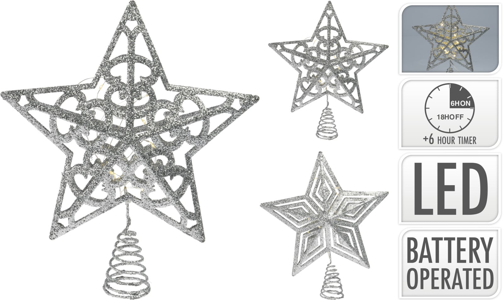 Коледен светещ връх за елха Star Silver 28см