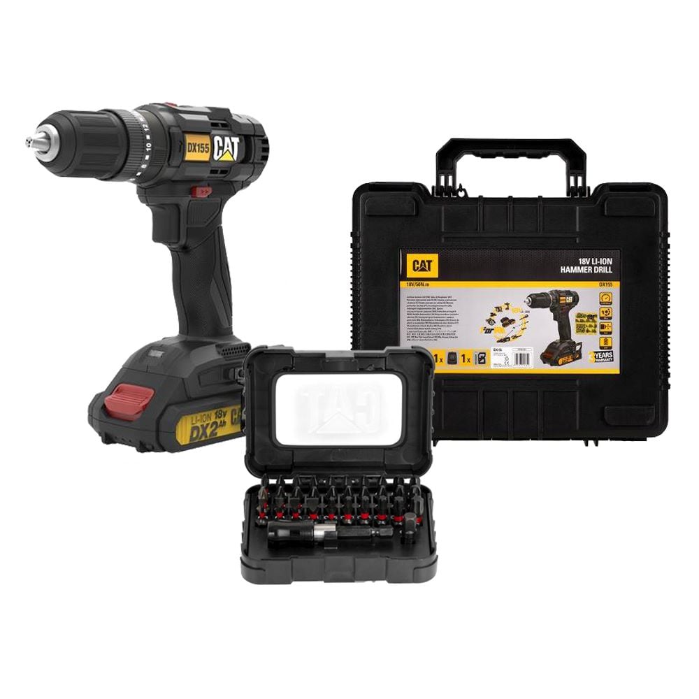 Акумулаторен винтоверт CAT DX155 18V + батерия, зарядно, куфар и 32 накрайника