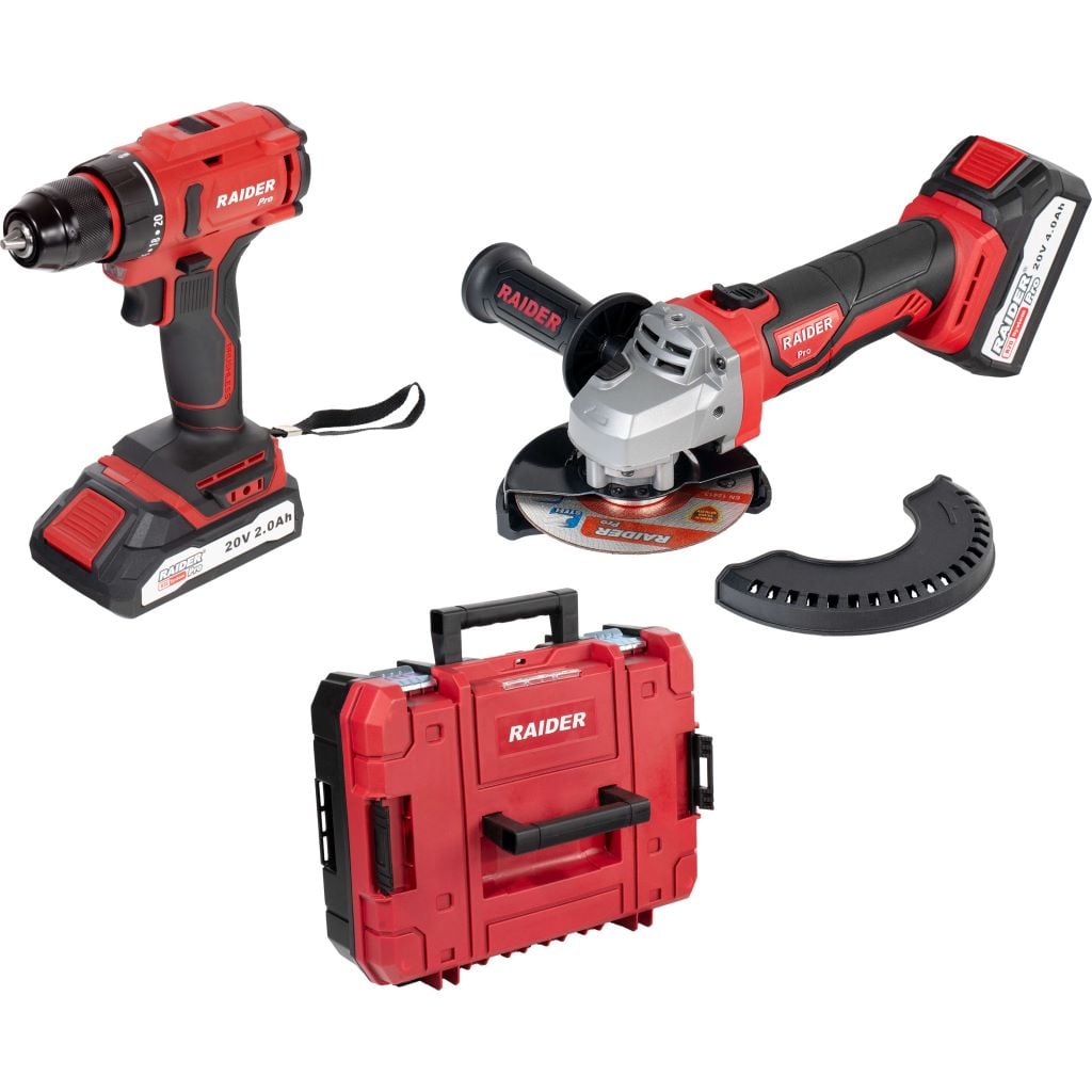 Комплект акумулаторни бормашина + ъглошлайф Raider RDP-PBCDI20 & SPAG20 R20
