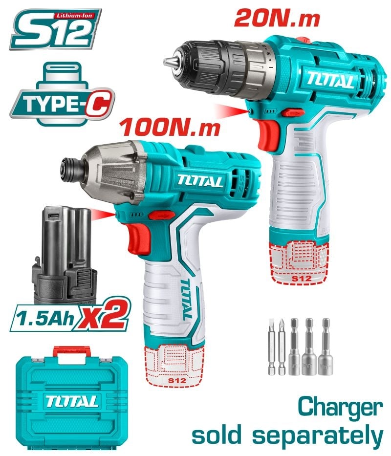 Комплект акумулаторни винтоверт и ударен винтоверт Total Industrial 12V + 2 батерии, куфар и аксесоари